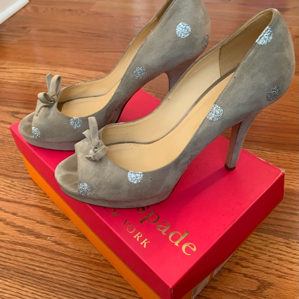 Kate Spade, Tan Suede Heels with Silver glitter Polka Dots, 9 1/2